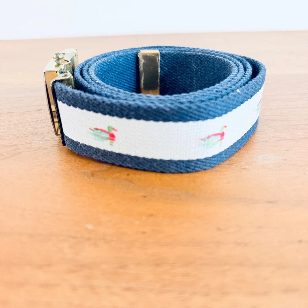 Vintage Mallard Duck Navy Blue Preppy Canvas Web Belt Brass Buckle Made in USA